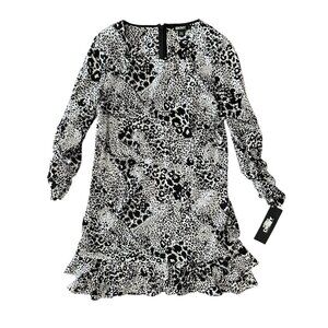 NWT DKNY Black White Leopard Print Silk Blend Ruffled Tiered Mini Dress Size 4